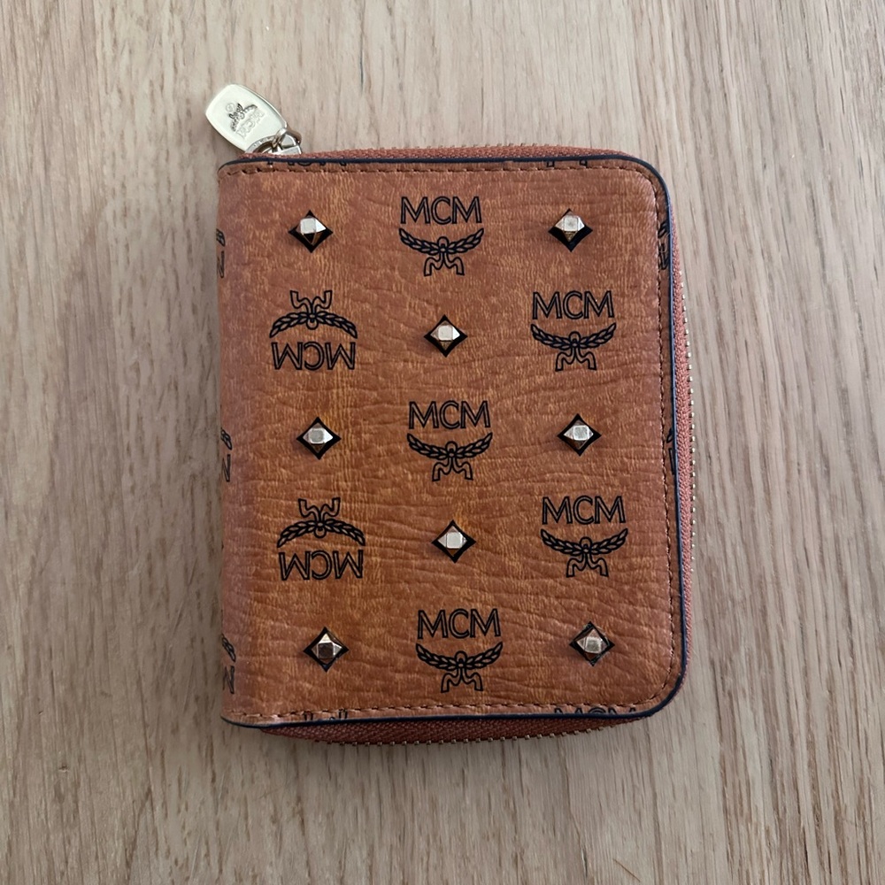 MCM Cognac Logo Stud Zip Wallet with Gold Hardware